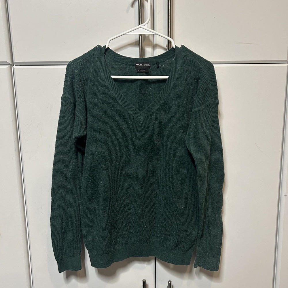 Prana Womens Green V-Neck Textured Knit Pullover Sweater Size Small